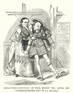 Punch cartoon: Wyczerpany stan biednego Henryka VIII po jego bezprecedensowym biegu 150 nocy (grawerowanie) autorstwa English School