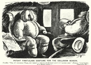 Punch cartoon: Patentowy kostium pierwszej klasy na sezon kolizji - bezpieczeństwo na kolei (grawerowanie) autorstwa English School
