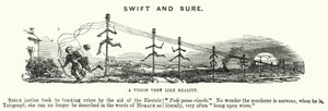 Punch cartoon: Swift and Sure – wykorzystanie telegrafii elektrycznej w śledzeniu przestępstw (grawerowanie) autorstwa English School