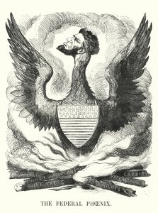 Karykatura dziurkacza: Federalny feniks – reelekcja Abrahama Lincolna w wyborach prezydenckich w USA w 1864 r. (rycina) autorstwa English School