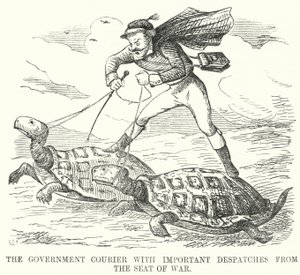 Punch cartoon: The Government Courier z ważnymi depeszami z miejsca wojny (rycina) autorstwa English School