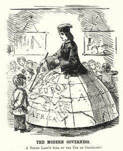 Punch cartoon: The Modern Governess - spódnica z szerokim obręczą służąca jako pomoc w nauce geografii (grafika) autorstwa English School
