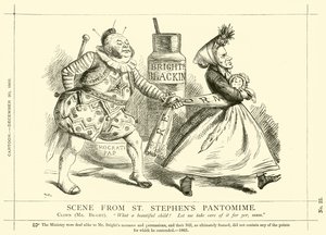 Kreskówka dziurkacza dotycząca Johna Brighta: Scena z Pantomimy św. Szczepana, 30 grudnia 1865 (rycina) autorstwa English School