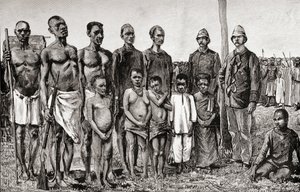 Tubylcy Pigmeje na tle oficerów angielskich, Sudańczyków i Zanzibarów, 1890 (drewno) autorstwa English School