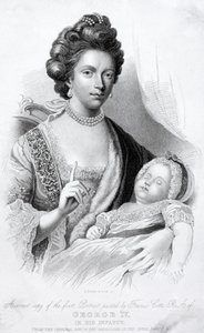 Królowa Charlotte, małżonka króla Jerzego III, z małym synkiem, przyszłym księciem regentem i królem Jerzym IV autorstwa English School