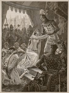 Królowa Filipa wstawiająca się za mieszczanami z Calais, ilustracja z Cassells Illustrated History of England (zdjęcie w sepii) autorstwa English School