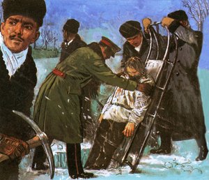 Ciało Rasputina opuszczane przez otwór wycięty w lodzie autorstwa English School