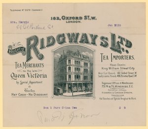 Pokwitowanie od Ridgways, importerów herbaty, 182 Oxford Street, Londyn autorstwa English School