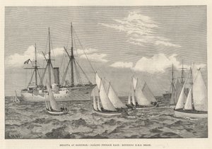 Regaty na Zanzibarze, wyścig na szalupach żeglarskich, okrążenie HMS Brisk (grawerowanie) autorstwa English School