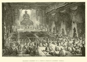 Ceremonia religijna w chińskim klasztorze, świątyni buddyjskiej autorstwa English School