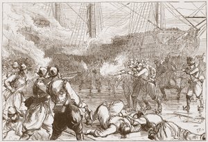 Odparcie hiszpańskich żołnierzy pod Amsterdamem, ilustracja z Historii protestantyzmu Jamesa Aitkena Wylie (1808-1890), wyd. 1878 autorstwa English School