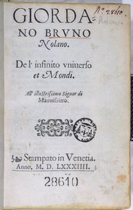 Res 28610 Strona tytułowa De lInfinito Universo et Mondi Giordano Bruno, wydanej w Londynie, 1584 (druk) autorstwa English School