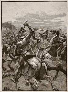 Ryszard III w bitwie pod Bosworth, ilustracja z Cassells Illustrated History of England (zdjęcie w sepii) autorstwa English School