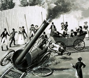 Richard Trevithick zbudował małą okrężną kolej w Londynie, aby wprowadzić ludzi w podróżowanie koleją (gwasz na papierze) autorstwa English School