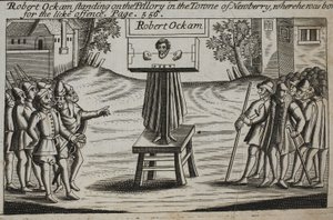 Robert Ockam stojący na pręgierzu w miejscowości Newberry, gdzie się urodził, ilustracja z Dziejów i zabytków Johna Foxe