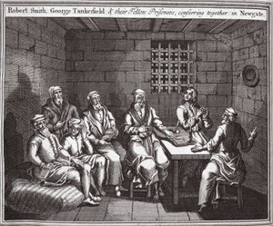 Robert Smith, George Tankerfield i ich współwięźniowie, naradzający się razem w Newgate, ilustracja z Foxes Martyrs c.1703 autorstwa English School