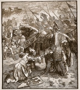 Robert proszący ojca o ułaskawienie, ilustracja z Cassells Illustrated History of England (zdjęcie w sepii) autorstwa English School