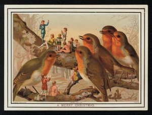 Robins i grupa wykonawców, kartka z życzeniami świątecznymi. (chromolitho) autorstwa English School