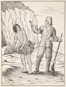 Robinson Crusoe i piątek, ilustracja z The Story of Robinson Crusoe: Adaptacja dla dzieci posługujących się językiem Defoes, wyd. przez Griffith Farran Browne & Co. Limited, Londyn autorstwa English School