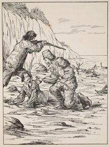 Robinson Crusoe i Friday ratujący Hiszpana, ilustracja z The Story of Robinson Crusoe: Adaptacja dla dzieci posługujących się językiem Defoes, wyd. przez Griffith Farran Browne & Co. Limited, Lo autorstwa English School