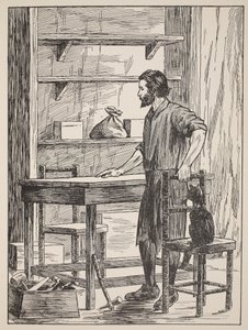 Robinson Crusoe buduje stół i krzesła do swojej jaskini, ilustracja z The Story of Robinson Crusoe: Adaptacja dla dzieci posługujących się językiem Defoes, wyd. autor: Griffith Farran Browne & Co. Limit autorstwa English School