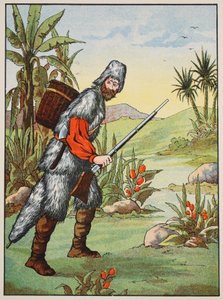 Robinson Crusoe, ilustracja z The Story of Robinson Crusoe: Adaptacja dla dzieci posługujących się językiem Defoes, wyd. przez Griffith Farran Browne & Co. Limited, Londyn autorstwa English School