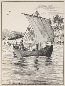 Robinson Crusoe na swojej łodzi, ilustracja z The Story of Robinson Crusoe: Adaptacja dla dzieci posługujących się językiem Defoes, wyd. przez Griffith Farran Browne & Co. Limited, Londyn autorstwa English School