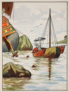 Robinson Crusoe ratujący psa z hiszpańskiego wraku statku, ilustracja z The Story of Robinson Crusoe: Adaptacja dla dzieci posługujących się językiem Defoes, wyd. autor: Griffith Farran Browne & Co. Limi autorstwa English School