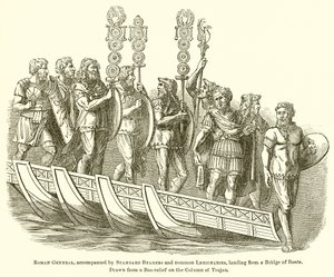 Rzymski generał w towarzystwie chorążych i legionistów, lądujących z mostu łodzi autorstwa English School