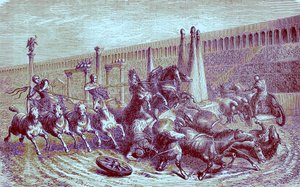 Rzymskie igrzyska publiczne pod panowaniem cesarstwa - wyścig rydwanów w cyrku, ilustracja z Ilustrowanej Historii Świata, wydanej ok. 1880 r. (obraz powiększony cyfrowo) autorstwa English School