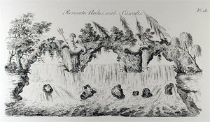 Romantyczne łuki z kaskadami, z „Architektury groteskowej lub wiejskiej rozrywki”, Williama Wrighta, opublikowane ok. 1767-90 (rycina) (zdjęcie czarno-białe) autorstwa English School