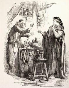 Romeo kupuje truciznę od aptekarza, ilustracja od Romea i Julii, z „Ilustrowanej Biblioteki Szekspira”, wydanej w Londynie 1890 (lito) autorstwa English School