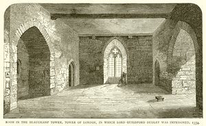 Pokój w Beauchamp Tower, Tower of London, w którym więziony był lord Guildford Dudley, 1554 autorstwa English School