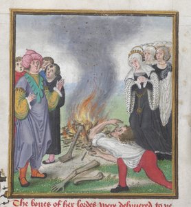 Roy 18 D II f.161 Tezeusz palący ciała Ateńczyków zabitych przez króla Kreona z Teb, z „Księgi trojańskiej i opowieści o Tebach” Johna Lydgate (ok.1370-c.1451) 1412-22 (wellum) autorstwa English School
