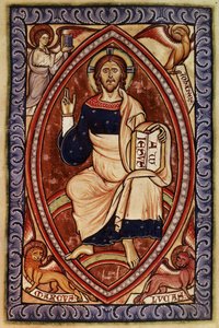 Roy 2 A XXII f.14 Chrystus w majestacie z symbolami ewangelistów, z Psałterza Westminsterskiego, ok. 1250 (welum) autorstwa English School