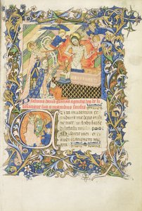 Roy 2 B I f.8 Postać w koronie podtrzymywana przez siwego brodatego świętego klęczącego przed wizerunkiem litości, z psałterza Humphrey księcia Gloucester, ok. 1420-30 (welum) autorstwa English School