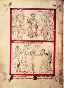 Roy 2 B VII f.3v Bóg w mandorli w otoczeniu muzykujących aniołów, Kuszenie Ewy, z psałterza królowej Marii, c.1310-20 (welum) autorstwa English School