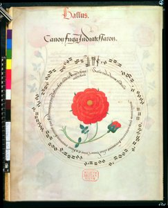 Roy II E XI f.2v Canon, z okrągłymi klepkami i różą pośrodku, z Motetów Richarda Sampsona (wellum) autorstwa English School