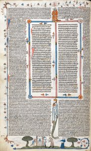 Royal 10 E. IV, f.30v, Tekst i scena bas-de-page przedstawiająca mężczyznę i kobietę na zewnątrz budynku, z 