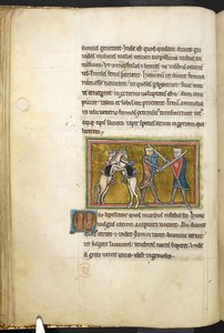 Królewski 12 F.XIII, f.42v Dwaj rycerze walczą pieszo na miecze, podczas gdy ich konie walczą ze sobą na tylnych łapach. , z Bestiariusza (ff. 3-141), Lapidary (ff. 141v-149)  , 2 ćw. XIII w. (welum) autorstwa English School
