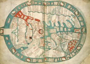 Royal 14 C IX ff.1v-2 Duża mapa świata, z „Polichronikon Ranulpha Higdena” (tusz i kolor na welinie) autorstwa English School
