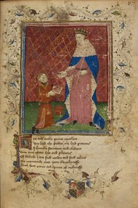 Royal 17 D. VI, f.40 Thomas Hoccleve klęczący w akcie ofiarowania swojej książki królowi Henrykowi V, ilustracja z „The Regement of Princes” Thomasa Hoccleve (welum) autorstwa English School