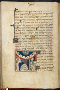Royal 19 B.XV, f.17v Paszcza lwa, a na odwróconym łuku obłoku sześć głów przedstawiających siedem gromów: poniżej, po lewej stronie, anioł, a po prawej Jan, który zamierza pisać w księdze, od 