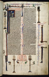 Royal 1 DI, f.1r, Hieronim, bracia na kolumnach, z Biblii Wilhelma z Devon (welin) autorstwa English School