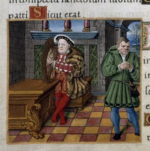 Royal 2 A. XVI, f.63v Henryk VIII z harfą i jego błazenem, William Somers, Psalm 52, z „Psałterza Henryka VIII” autorstwa English School