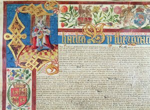 Królewski statut Towarzystwa Sukienników za panowania Karola II (1630-85) (szczegół) autorstwa English School
