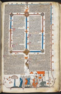 Royal MS 10 IV f.240r Król broniący swego pałacu i dekoracja marginalna, ilustracja z „Dekretów Smithfielda” (welin) autorstwa English School