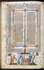 Royal MS 10 IV f.297v Kąpiel ofiary dżumy i dekoracja marginalna, ilustracja z „The Smithfield Decretals” (welin) autorstwa English School