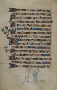 Royal ms 2_B VII f.177v Bas-de-page scena dwóch kobiet niosących jastrzębie i małego psa przed nimi, z zamieszkanym inicjałem, ilustracja z „Królowej Marii Psałterz” autorstwa English School