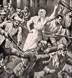 Rosyjska pielęgniarka Mira Miksailovich Ivanoff prowadząca ludzi przeciwko Niemcom, 1915, z „The War Illustrated Album deLuxe” wydanej w Londynie, 1916 autorstwa English School